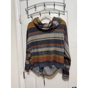 Ariella Womens Striped Ribbed Cowl Neck Sweater Lace Up Back Multi Color Boho L